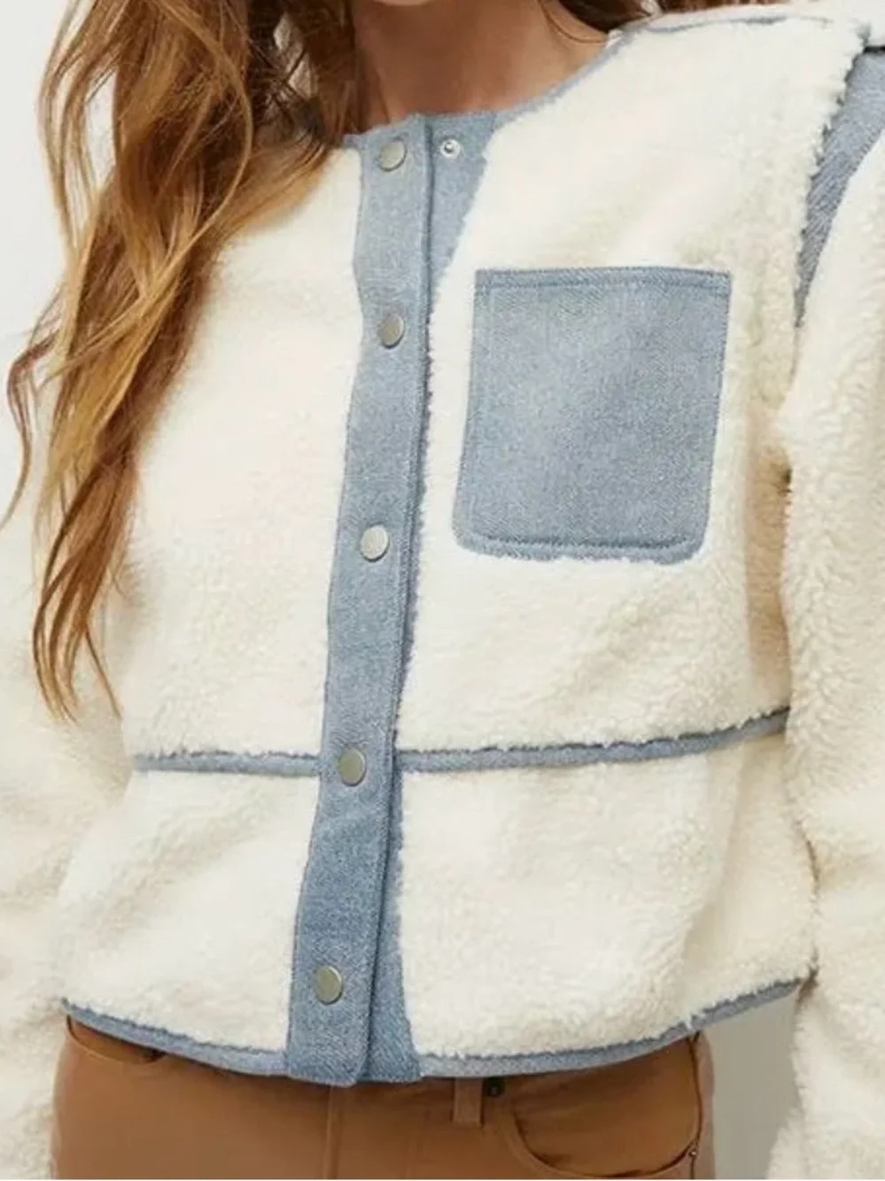 Veronica Beard Cream Faux Shearling Jacket with Light Blue Denim Trim - Picture 8 of 8
